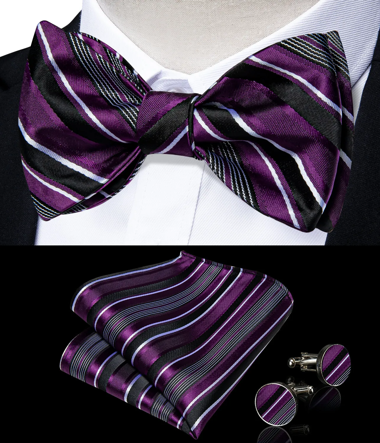 Purple Black White Stripe Silk Bowtie Pocket Square Cufflinks Set