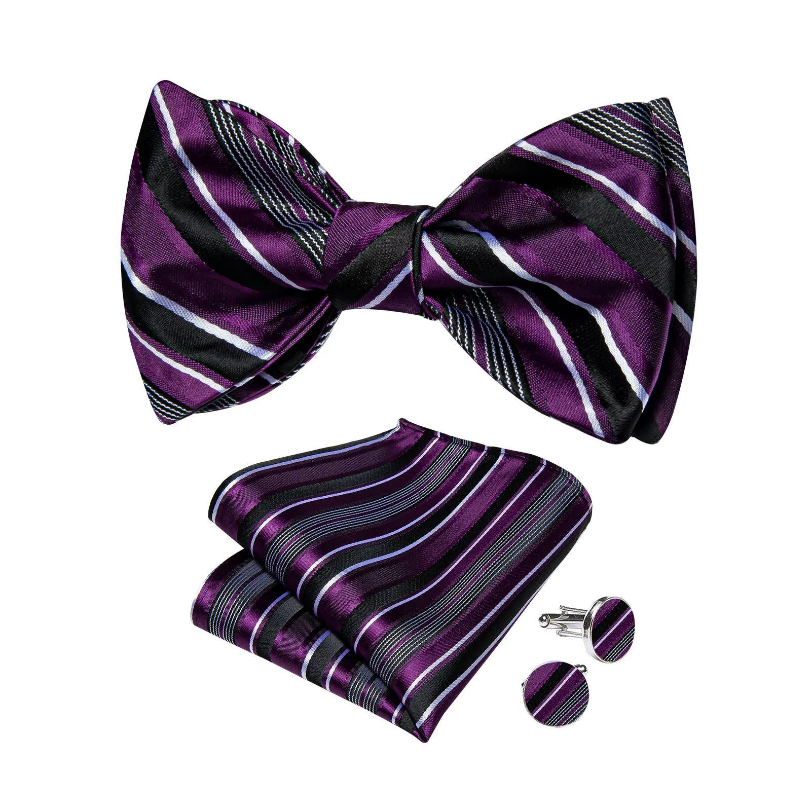 Purple Black White Stripe Silk Bowtie Pocket Square Cufflinks Set