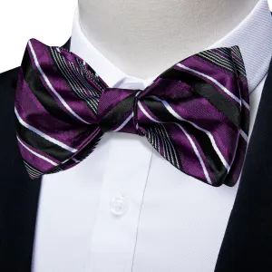 Purple Black White Stripe Silk Bowtie Pocket Square Cufflinks Set