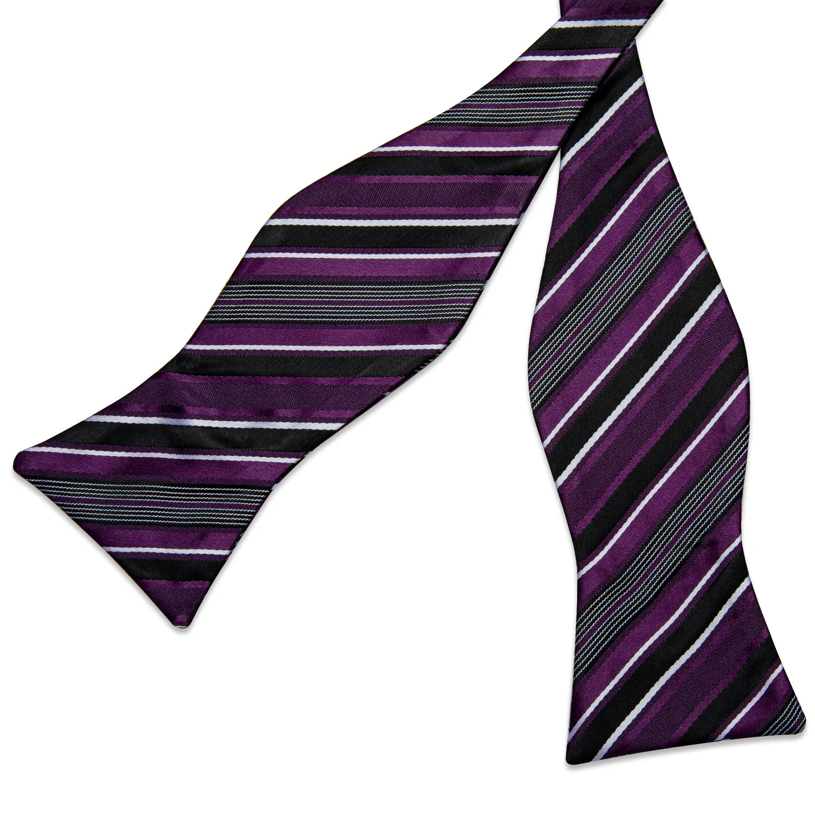 Purple Black White Stripe Silk Bowtie Pocket Square Cufflinks Set