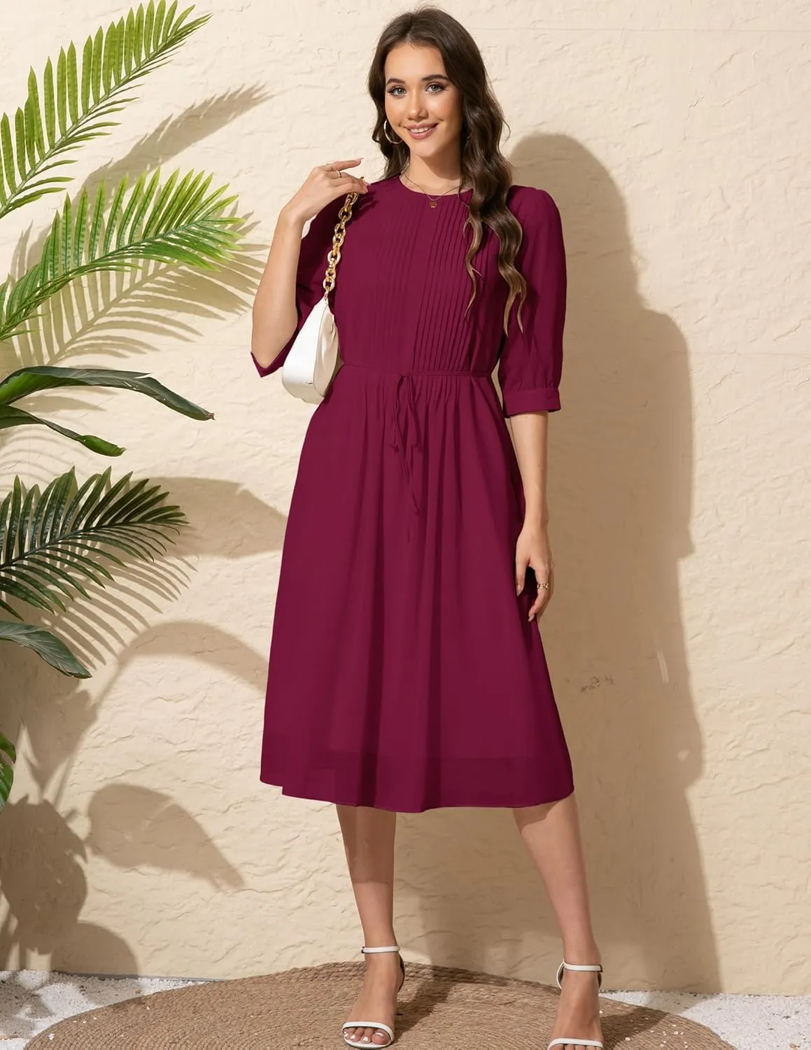 Solid Color Relaxed Dresses 2025 Women's Casual 3/4 Sleeve Crew Neck Flowy Swing A Line Dresses with Pockets