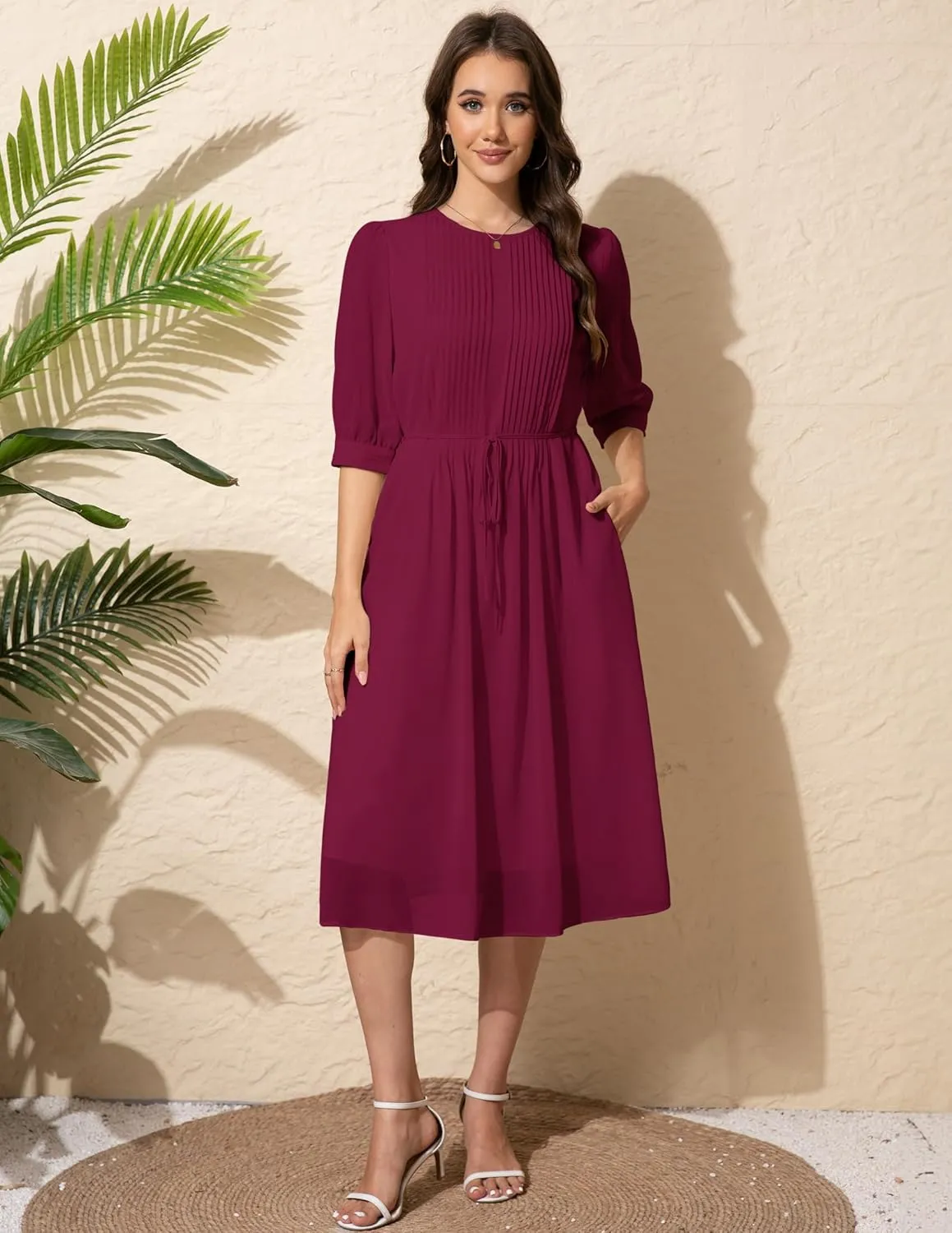Solid Color Relaxed Dresses 2025 Women's Casual 3/4 Sleeve Crew Neck Flowy Swing A Line Dresses with Pockets