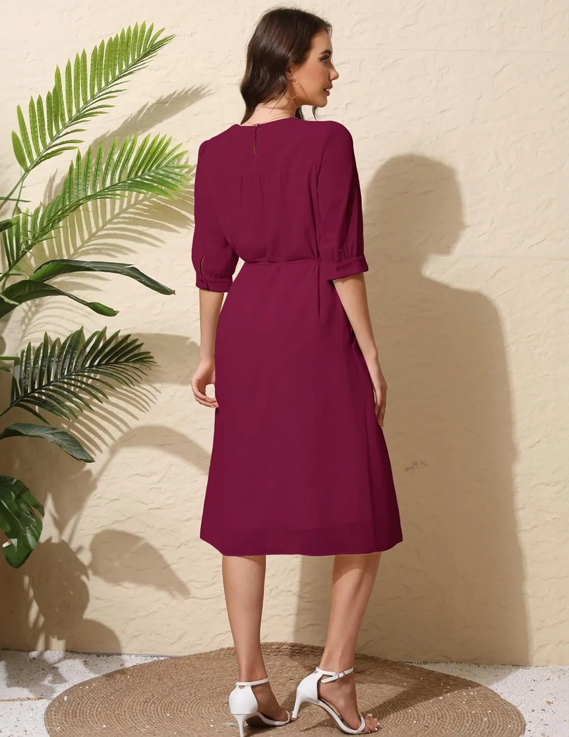 Solid Color Relaxed Dresses 2025 Women's Casual 3/4 Sleeve Crew Neck Flowy Swing A Line Dresses with Pockets