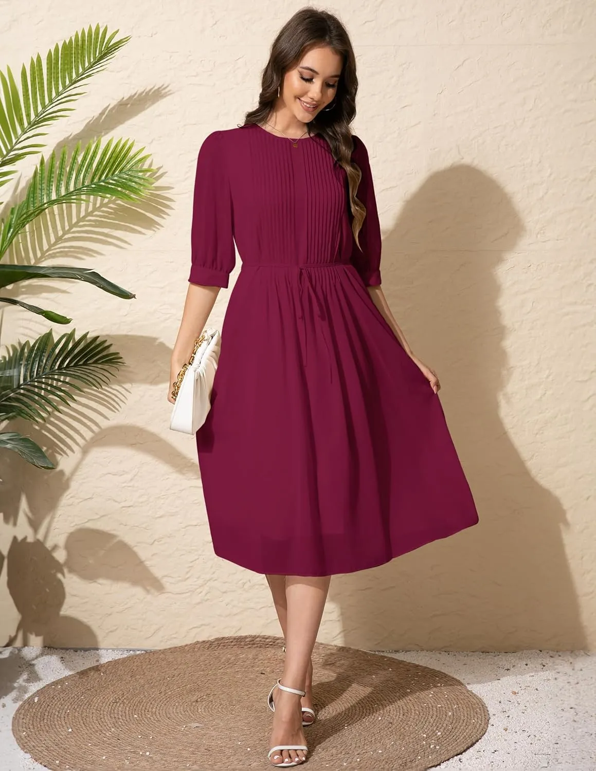 Solid Color Relaxed Dresses 2025 Women's Casual 3/4 Sleeve Crew Neck Flowy Swing A Line Dresses with Pockets