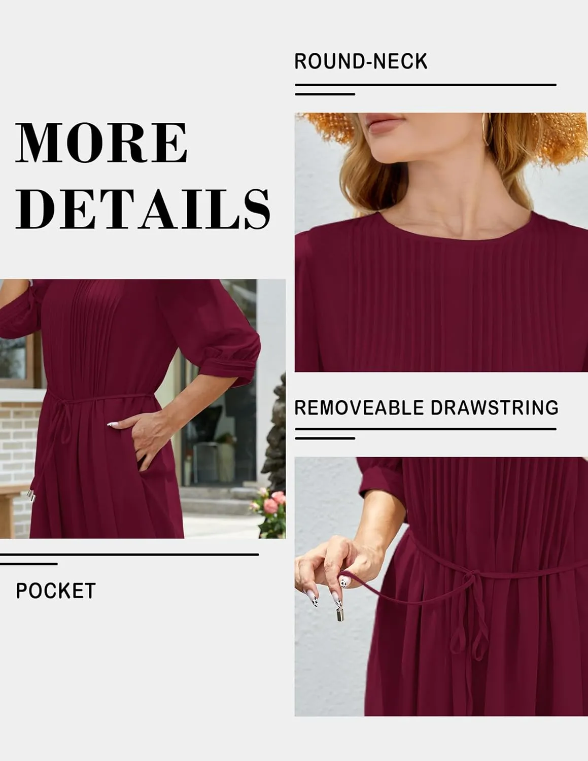 Solid Color Relaxed Dresses 2025 Women's Casual 3/4 Sleeve Crew Neck Flowy Swing A Line Dresses with Pockets