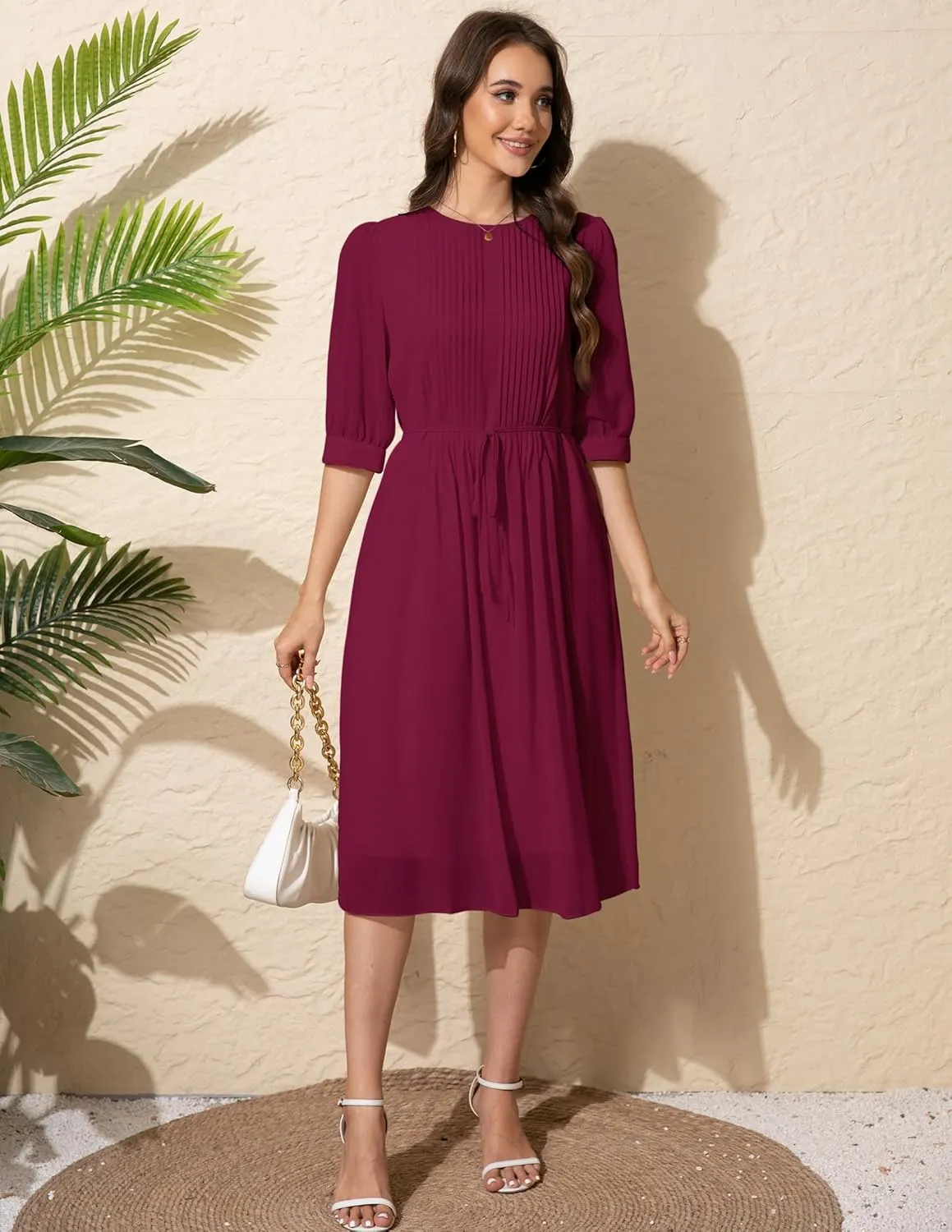 Solid Color Relaxed Dresses 2025 Women's Casual 3/4 Sleeve Crew Neck Flowy Swing A Line Dresses with Pockets