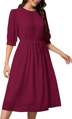 Solid Color Relaxed Dresses 2025 Women's Casual 3/4 Sleeve Crew Neck Flowy Swing A Line Dresses with Pockets