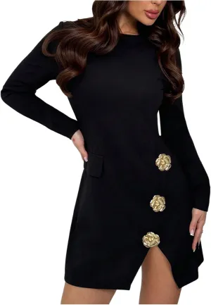 SOLY HUX Women's 3D Floral Split Hem Dress Elegant Long Sleeve Crew Neck Flared Mini Work Office Dresses