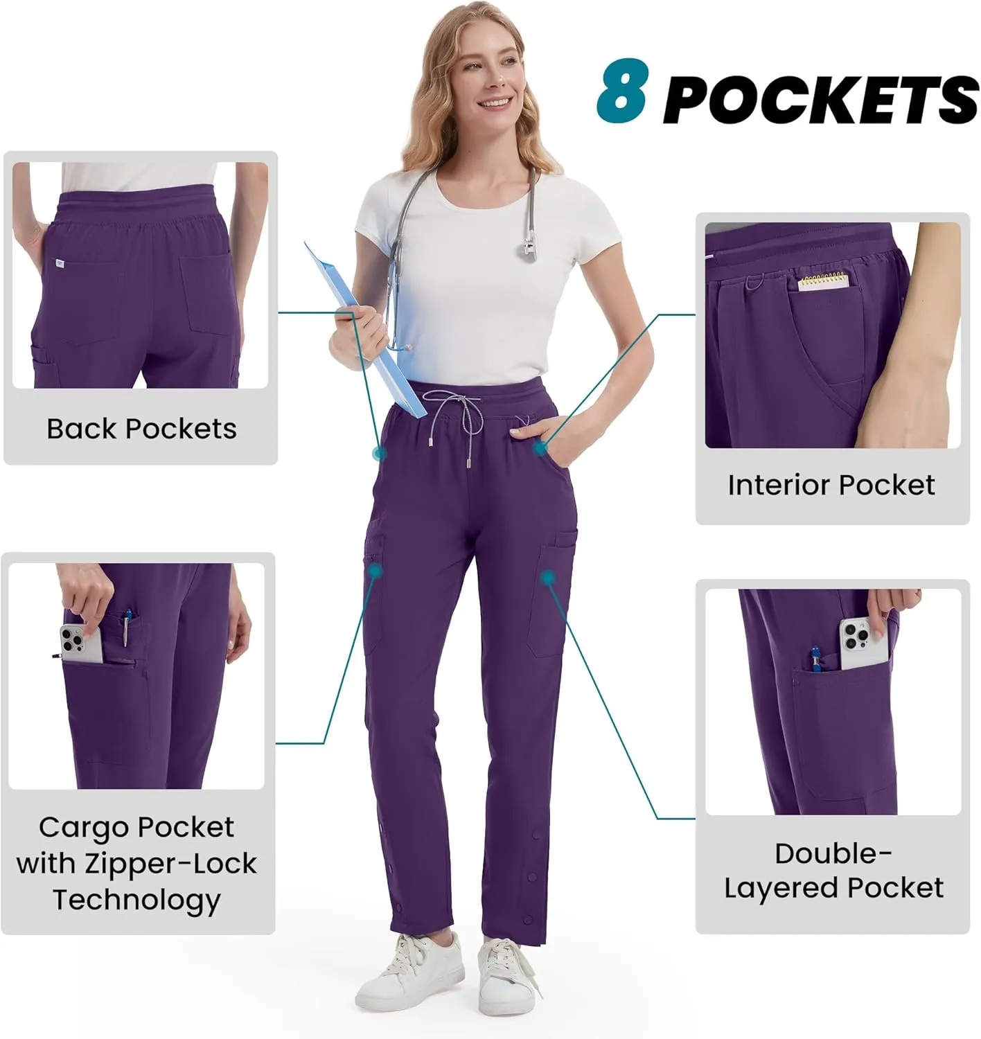 Uniforms World Scrub Pants for Women with 8 Pockets - Stretch Straight Leg Cargo Pants