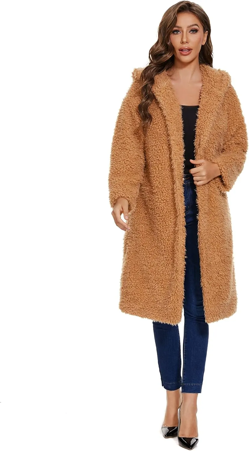Women Faux Fur Winter Coats Open Front Long Cardigan Coat Warm Women's Fuzzy Fleece Jacket Overcoat Outwear with Pocket S-XXL