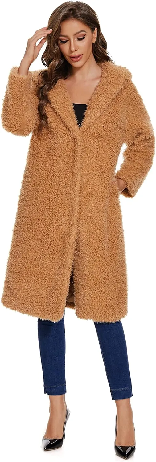 Women Faux Fur Winter Coats Open Front Long Cardigan Coat Warm Women's Fuzzy Fleece Jacket Overcoat Outwear with Pocket S-XXL