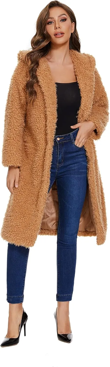 Women Faux Fur Winter Coats Open Front Long Cardigan Coat Warm Women's Fuzzy Fleece Jacket Overcoat Outwear with Pocket S-XXL