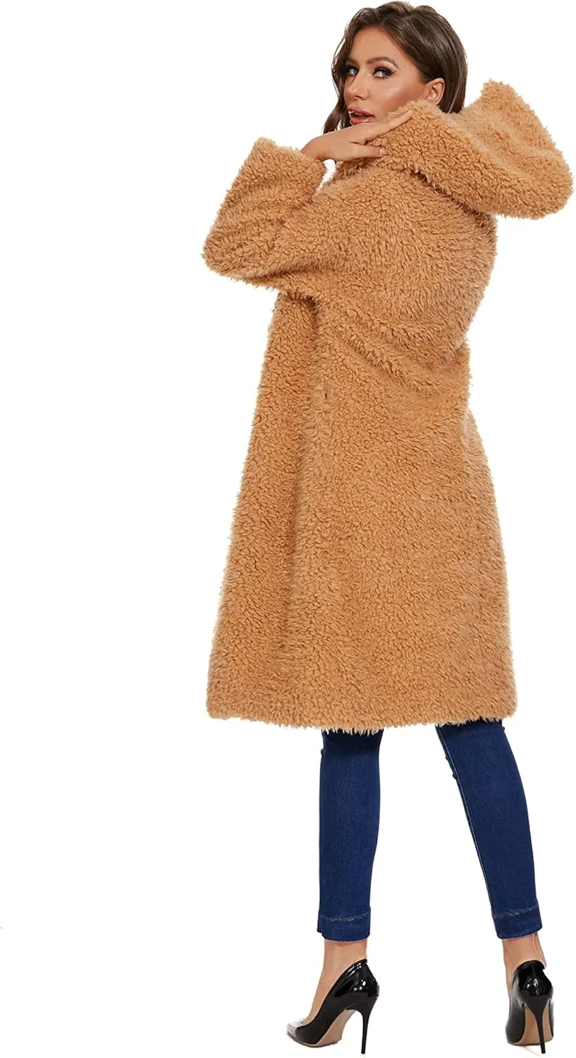 Women Faux Fur Winter Coats Open Front Long Cardigan Coat Warm Women's Fuzzy Fleece Jacket Overcoat Outwear with Pocket S-XXL