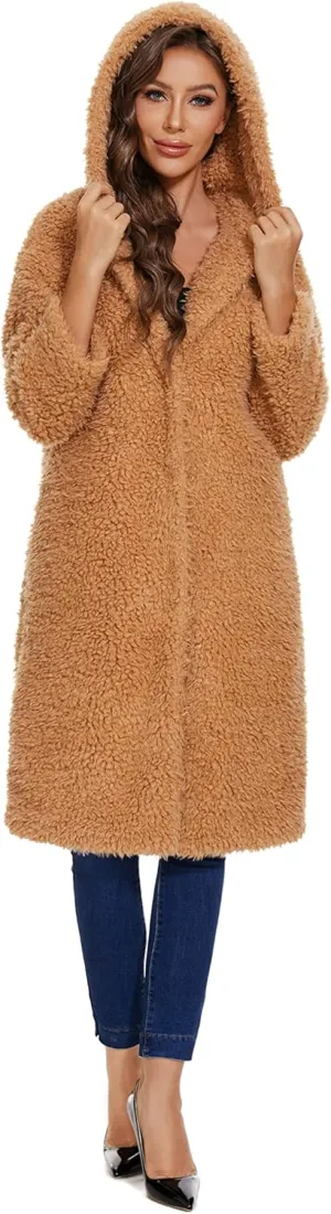 Women Faux Fur Winter Coats Open Front Long Cardigan Coat Warm Women's Fuzzy Fleece Jacket Overcoat Outwear with Pocket S-XXL