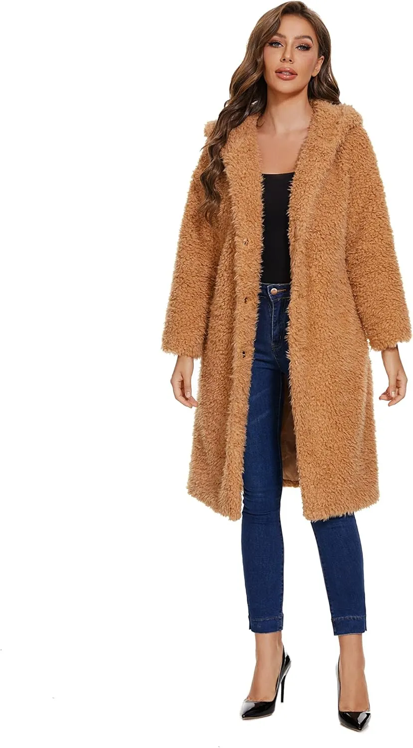 Women Faux Fur Winter Coats Open Front Long Cardigan Coat Warm Women's Fuzzy Fleece Jacket Overcoat Outwear with Pocket S-XXL