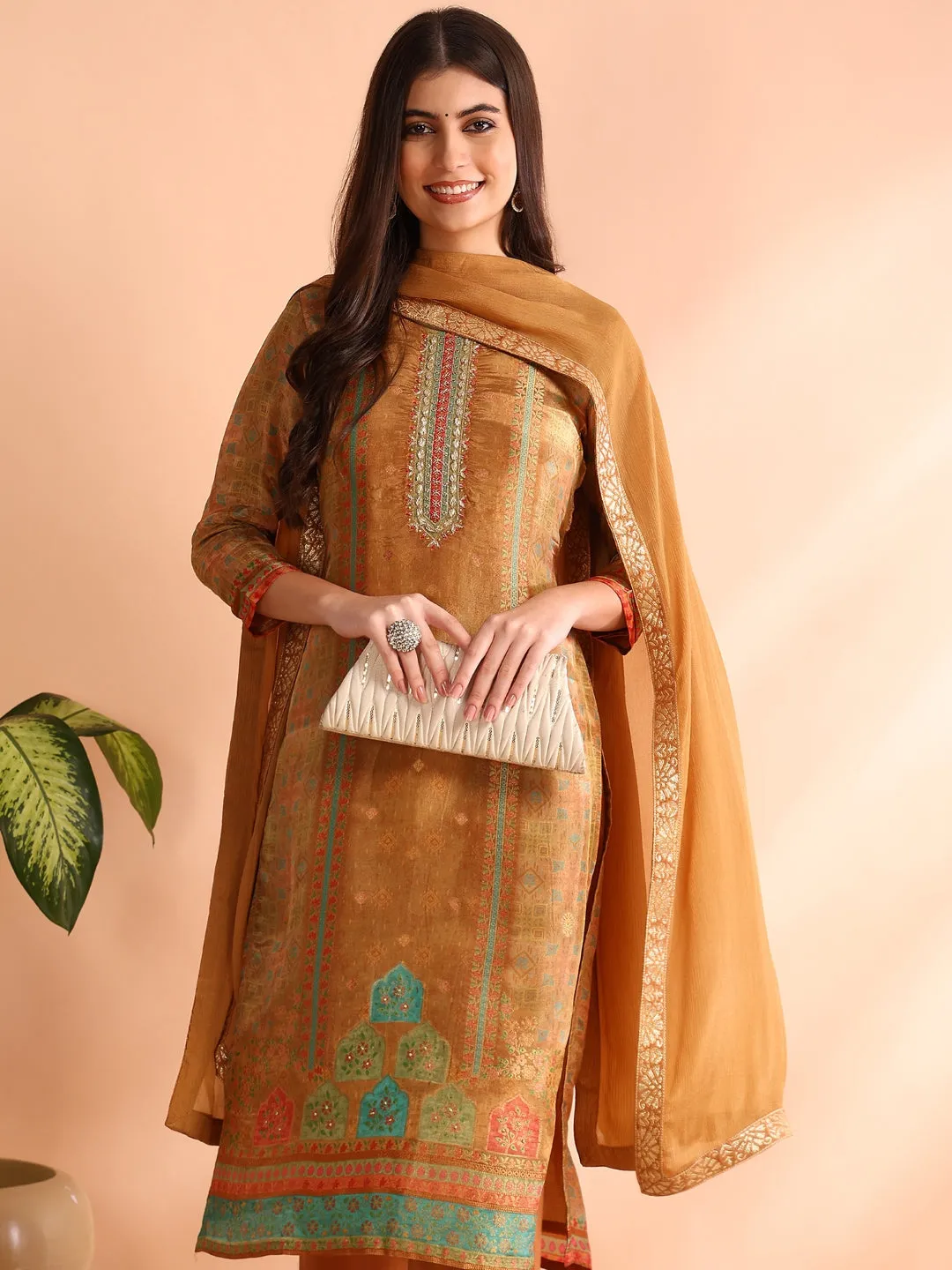 Women Khaki Silk Blend Geometric Woven Design Straight Kurta Trouser With Dupatta