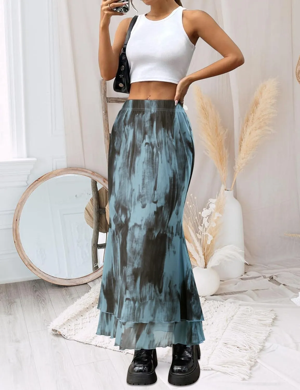 Women Maxi Skirt Ditsy Floral Mesh Skirt Summer Flowy Boho Elastic High Waisted Long Skirts Fashion Trendy