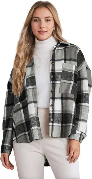 Women's Casual Plaid Shacket Long Sleeve Button Down Flannel Shirts Jacket Coats with Side Pockets
