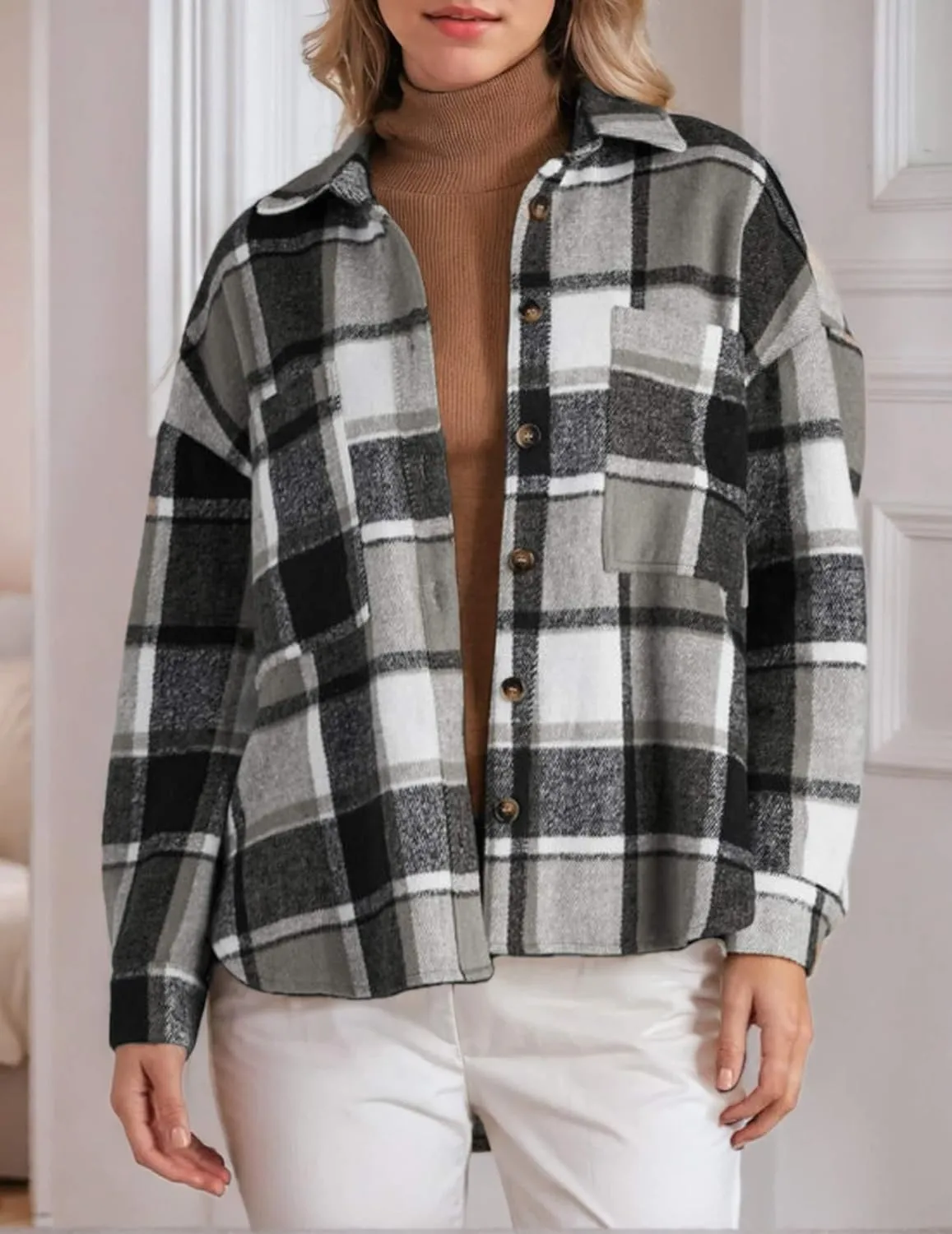 Women's Casual Plaid Shacket Long Sleeve Button Down Flannel Shirts Jacket Coats with Side Pockets
