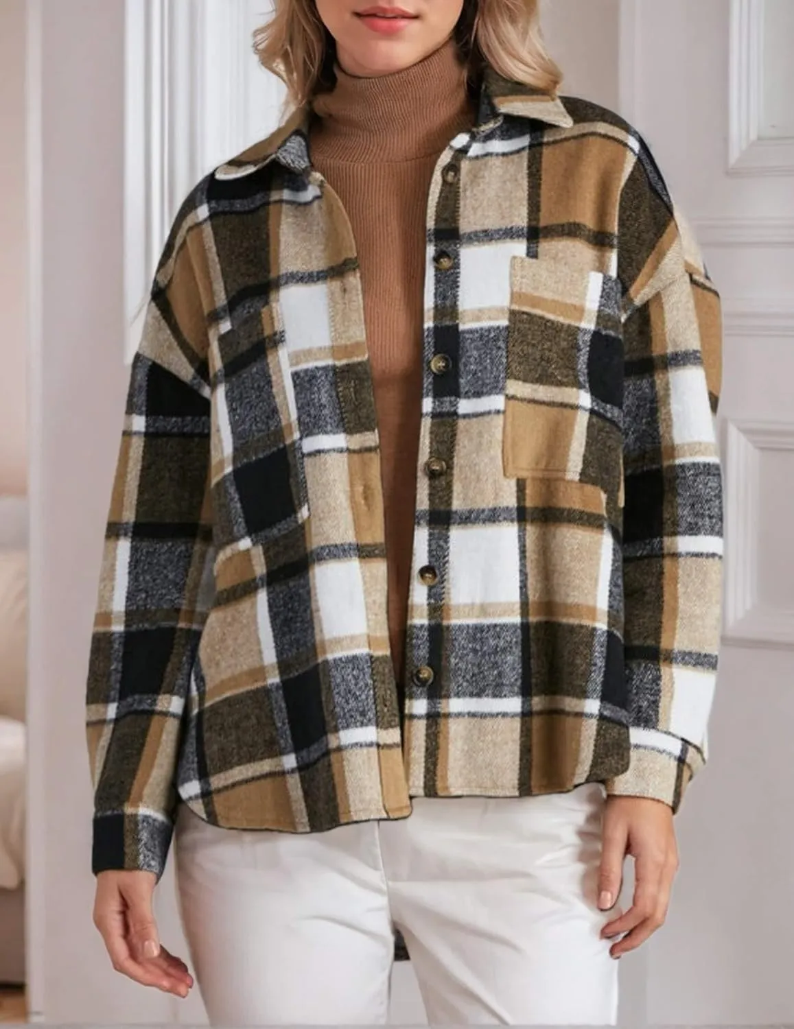 Women's Casual Plaid Shacket Long Sleeve Button Down Flannel Shirts Jacket Coats with Side Pockets