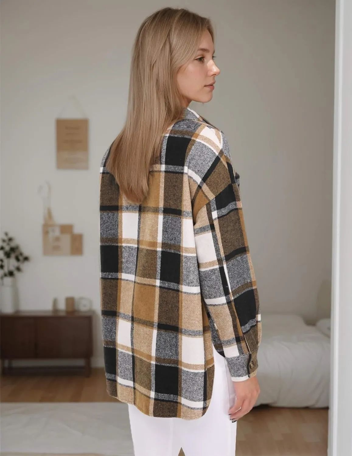 Women's Casual Plaid Shacket Long Sleeve Button Down Flannel Shirts Jacket Coats with Side Pockets