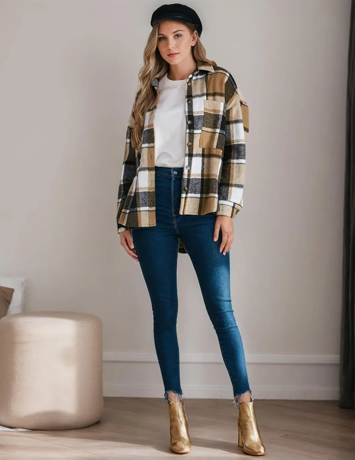 Women's Casual Plaid Shacket Long Sleeve Button Down Flannel Shirts Jacket Coats with Side Pockets