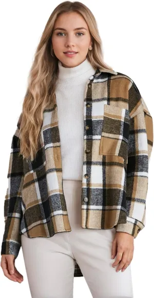 Women's Casual Plaid Shacket Long Sleeve Button Down Flannel Shirts Jacket Coats with Side Pockets