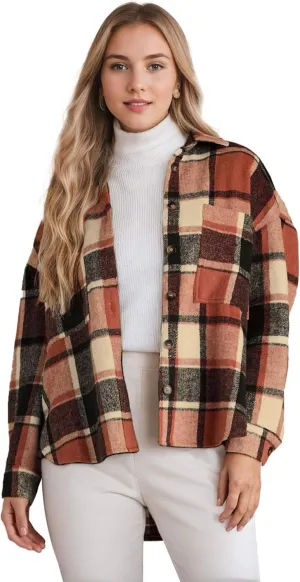 Women's Casual Plaid Shacket Long Sleeve Button Down Flannel Shirts Jacket Coats with Side Pockets