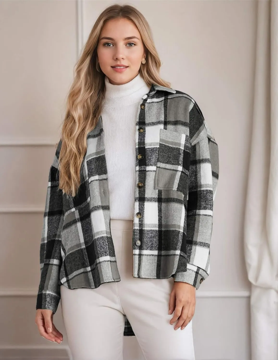 Women's Casual Plaid Shacket Long Sleeve Button Down Flannel Shirts Jacket Coats with Side Pockets