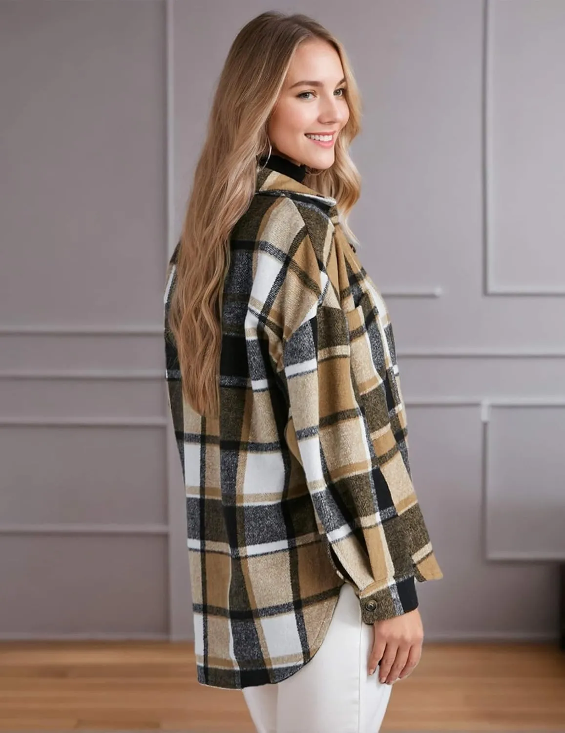 Women's Casual Plaid Shacket Long Sleeve Button Down Flannel Shirts Jacket Coats with Side Pockets