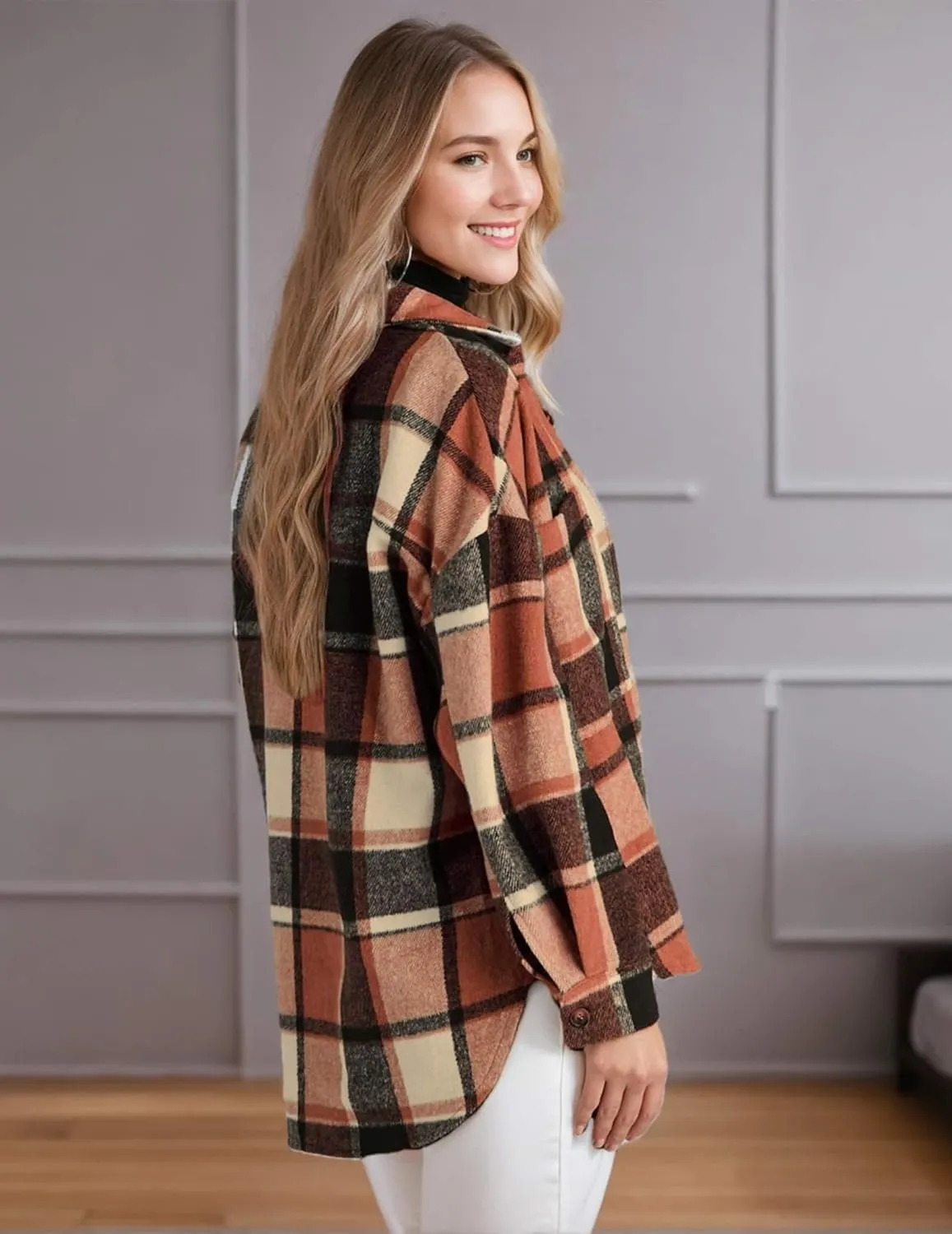 Women's Casual Plaid Shacket Long Sleeve Button Down Flannel Shirts Jacket Coats with Side Pockets
