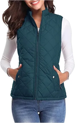 Women's Fall Winter Vest Zip Up Quilted Jackets Sleeveless Winter Coats Stand Collar Athletic Vest for Hiking Running