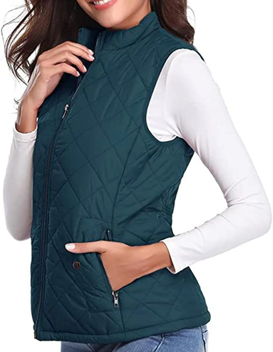 Women's Fall Winter Vest Zip Up Quilted Jackets Sleeveless Winter Coats Stand Collar Athletic Vest for Hiking Running
