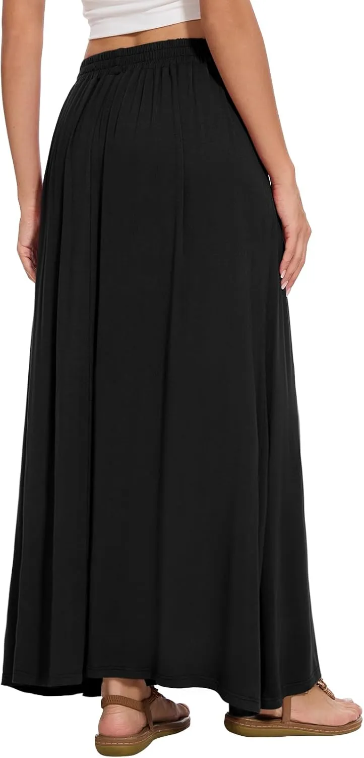 Womens Maxi A-line Long Summer Skirt Elastic High Waist Flowy Skirt with Pockets
