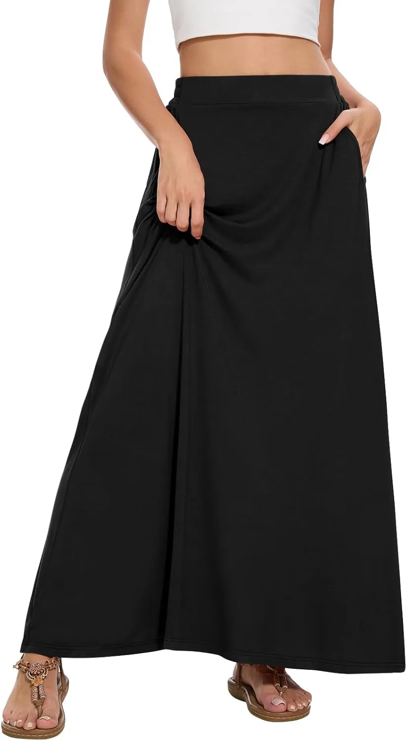 Womens Maxi A-line Long Summer Skirt Elastic High Waist Flowy Skirt with Pockets