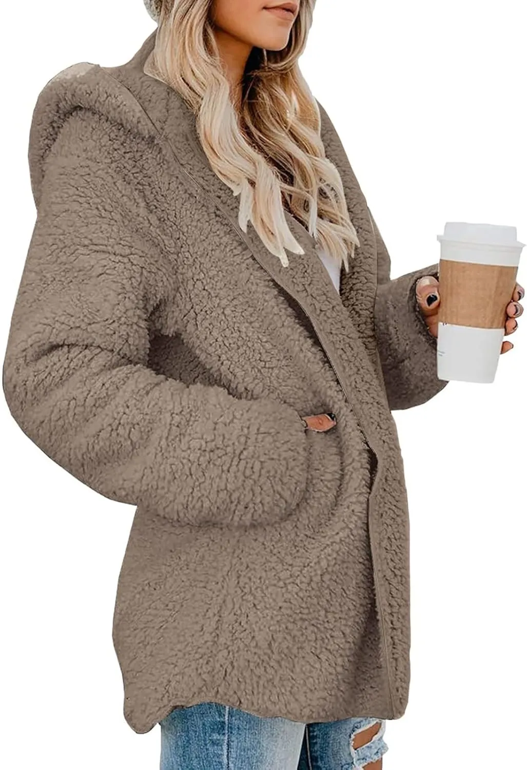 Womens Sherpa Jacket Oversized Fuzzy Fleece Teddy Coat Slouchy Open Front Hooded Cardigan with Pockets Winter Clothes