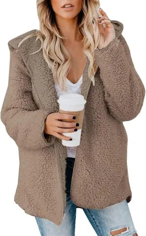 Womens Sherpa Jacket Oversized Fuzzy Fleece Teddy Coat Slouchy Open Front Hooded Cardigan with Pockets Winter Clothes