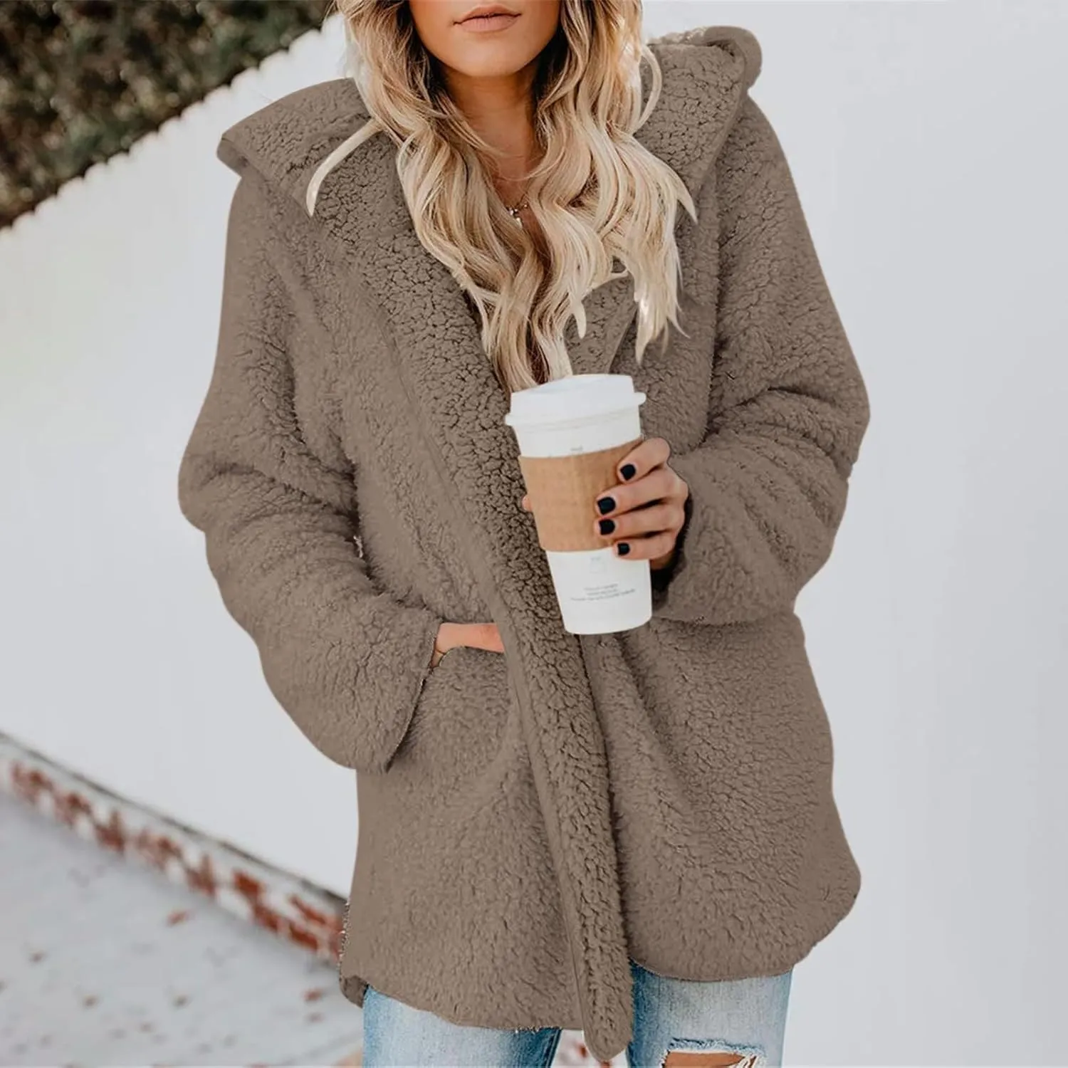 Womens Sherpa Jacket Oversized Fuzzy Fleece Teddy Coat Slouchy Open Front Hooded Cardigan with Pockets Winter Clothes
