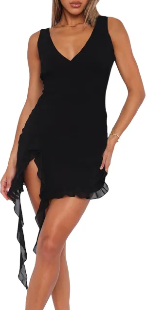 Women's Summer Bodycon Dresses Sexy V Neck Backless Y2K Slit Ruffle Trim Fringe Cocktail Party Mini Mesh Tank Dress
