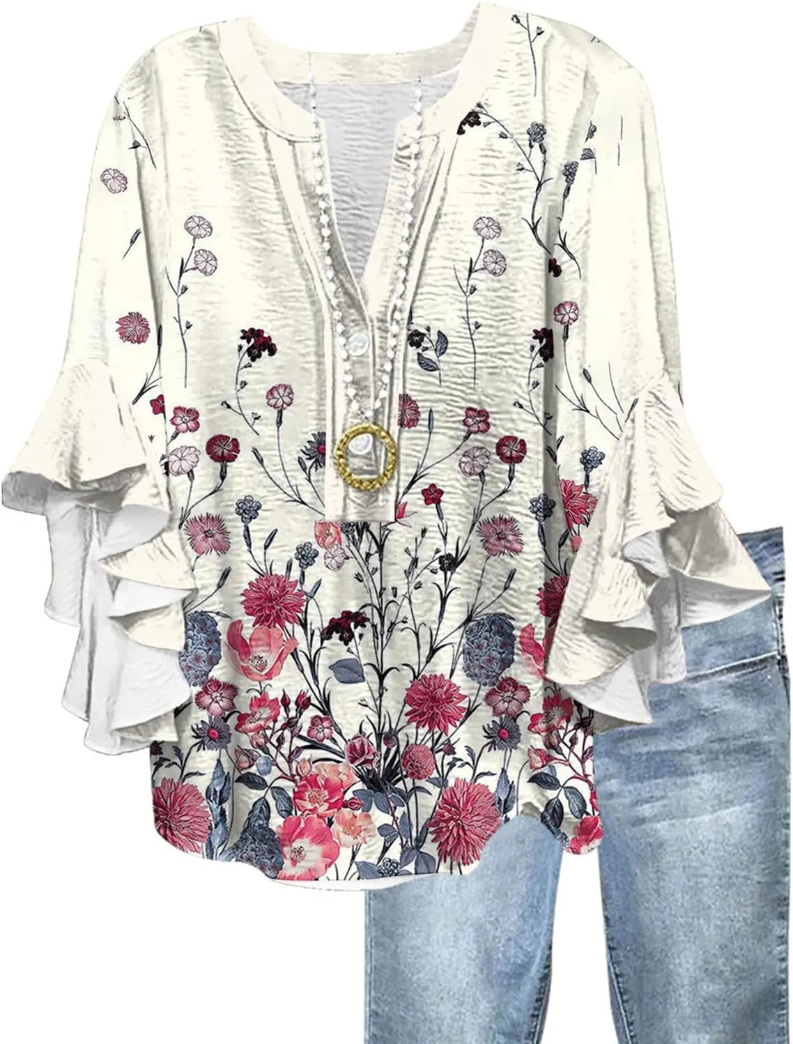 Womens Tops 3/4 Length Sleeves Floral Shirts Flowy Ruffle Sleeve Tops Half Button Down Shirt Summer V Neck Blouse