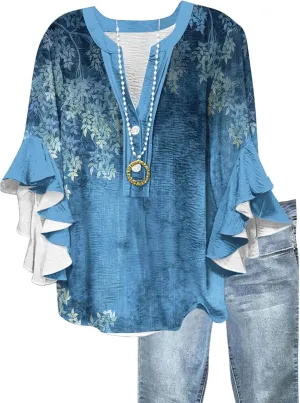 Womens Tops 3/4 Length Sleeves Floral Shirts Flowy Ruffle Sleeve Tops Half Button Down Shirt Summer V Neck Blouse