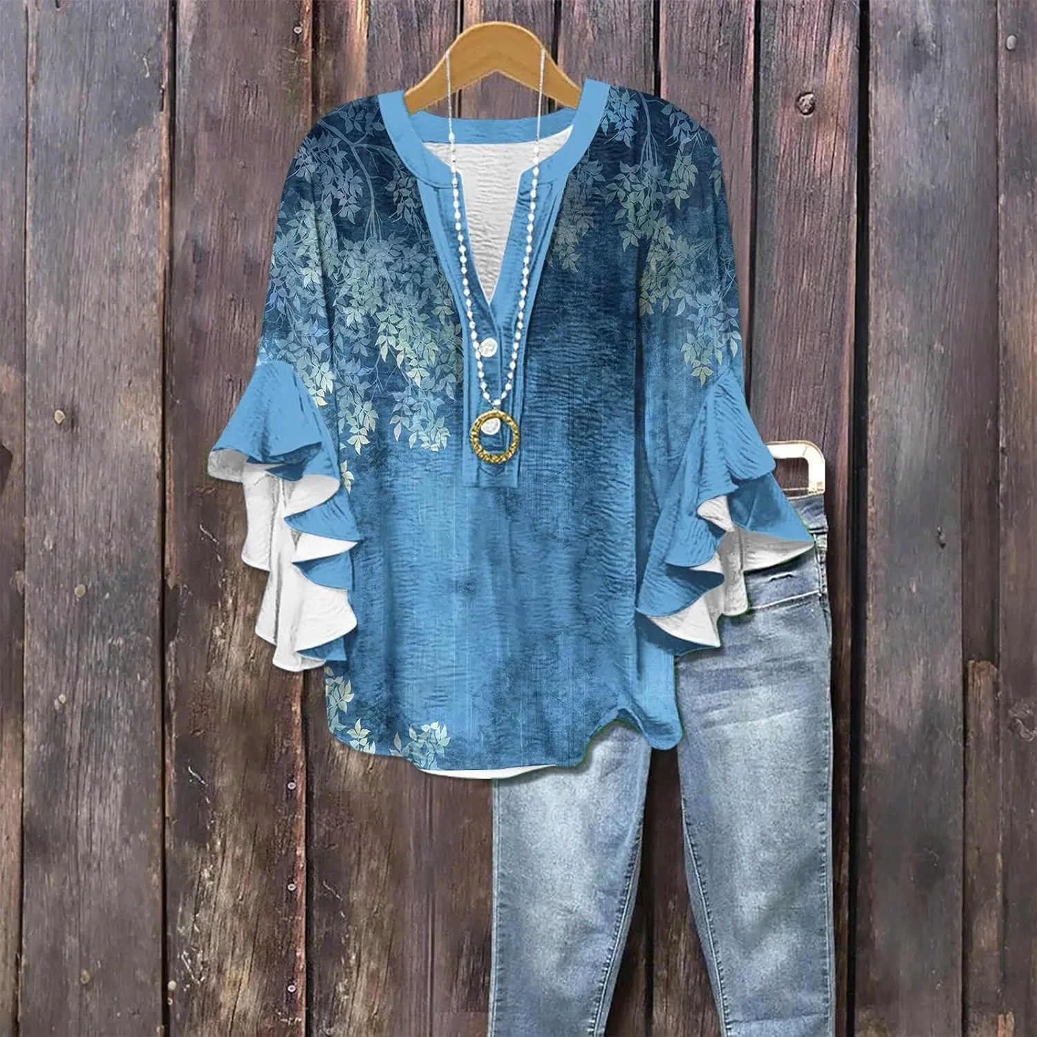 Womens Tops 3/4 Length Sleeves Floral Shirts Flowy Ruffle Sleeve Tops Half Button Down Shirt Summer V Neck Blouse