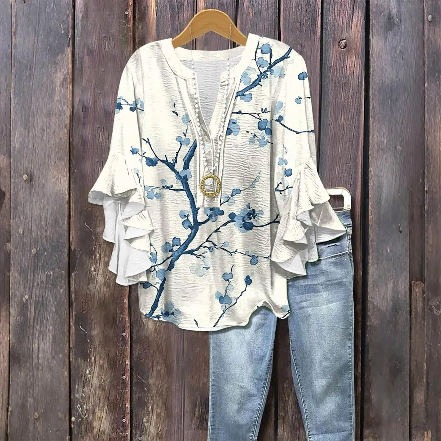 Womens Tops 3/4 Length Sleeves Floral Shirts Flowy Ruffle Sleeve Tops Half Button Down Shirt Summer V Neck Blouse