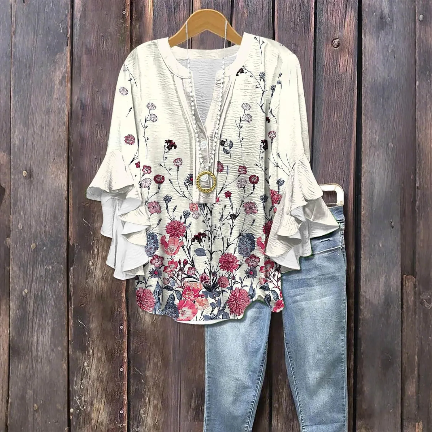 Womens Tops 3/4 Length Sleeves Floral Shirts Flowy Ruffle Sleeve Tops Half Button Down Shirt Summer V Neck Blouse