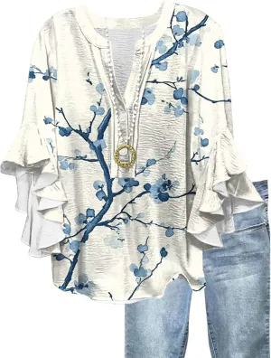 Womens Tops 3/4 Length Sleeves Floral Shirts Flowy Ruffle Sleeve Tops Half Button Down Shirt Summer V Neck Blouse