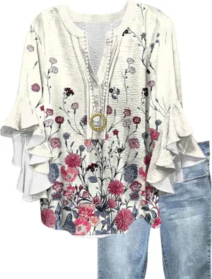 Womens Tops 3/4 Length Sleeves Floral Shirts Flowy Ruffle Sleeve Tops Half Button Down Shirt Summer V Neck Blouse