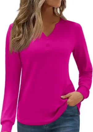 Womens Tops Business Casual Long Sleeve Button V Neck Henley Shirts 2024 Fall Trendy Loose Work Office Blouse Tunics