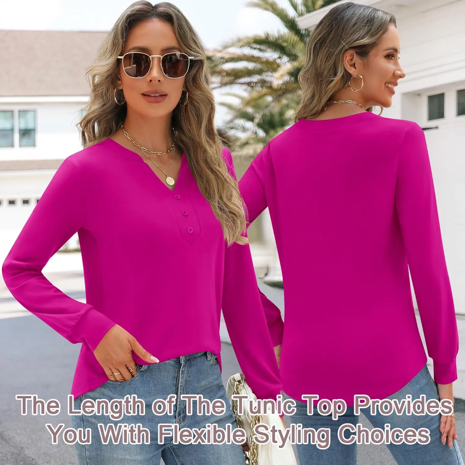 Womens Tops Business Casual Long Sleeve Button V Neck Henley Shirts 2024 Fall Trendy Loose Work Office Blouse Tunics