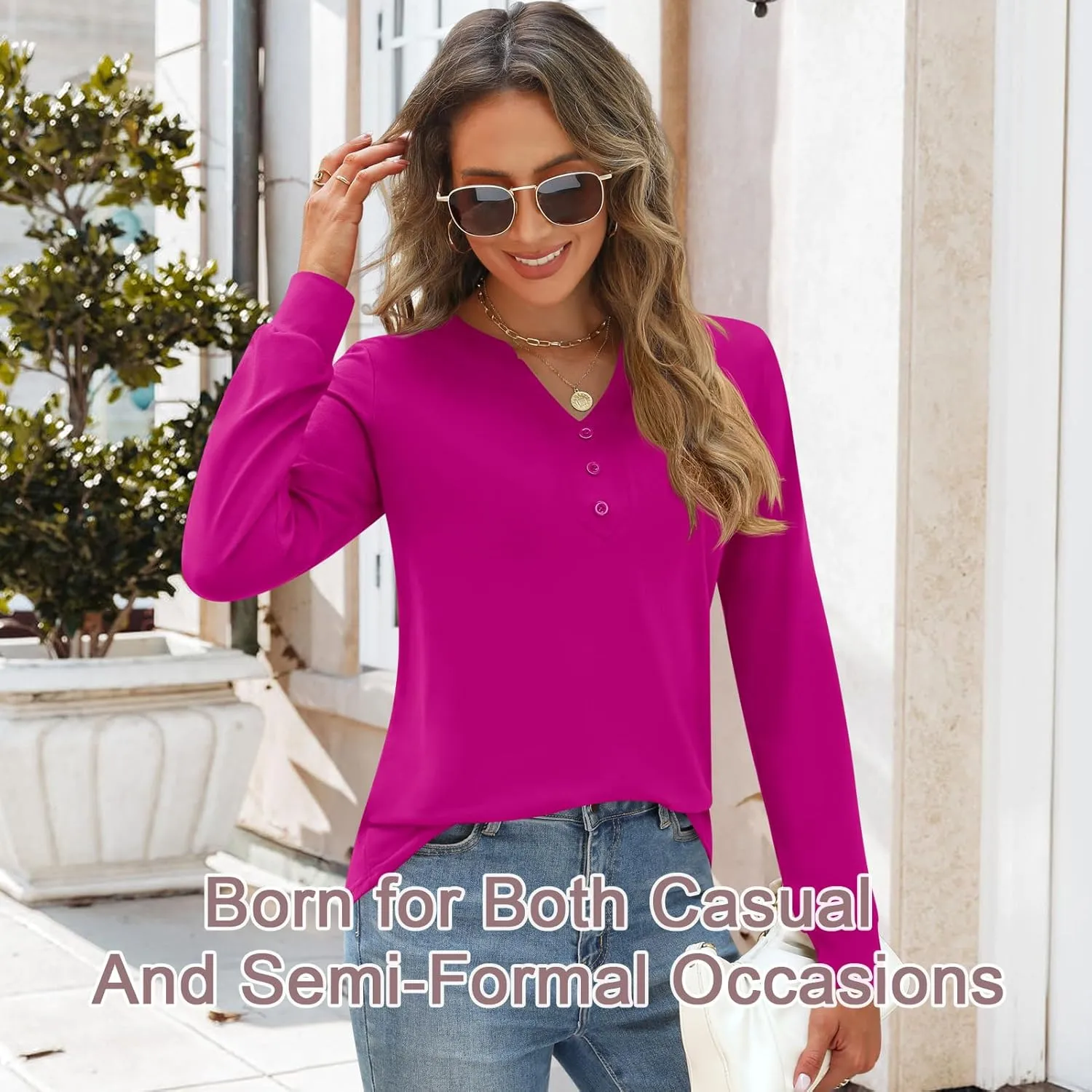 Womens Tops Business Casual Long Sleeve Button V Neck Henley Shirts 2024 Fall Trendy Loose Work Office Blouse Tunics