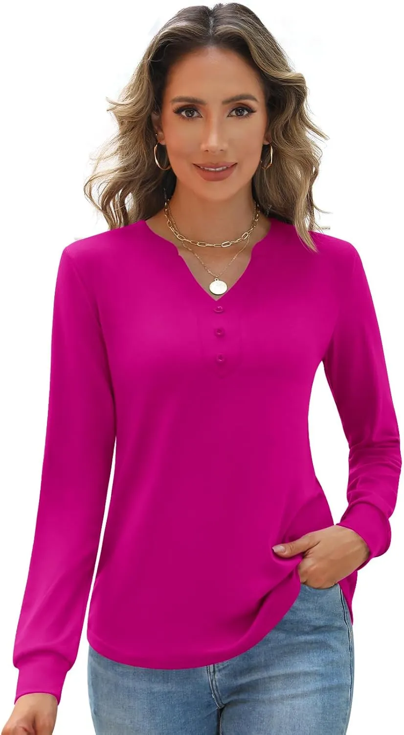 Womens Tops Business Casual Long Sleeve Button V Neck Henley Shirts 2024 Fall Trendy Loose Work Office Blouse Tunics